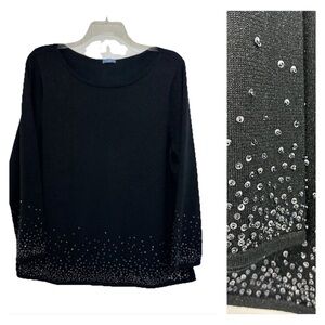 U-Knit Studded Trim Black Sweater Women’s 1X Long Sleeve Silver Shimmer